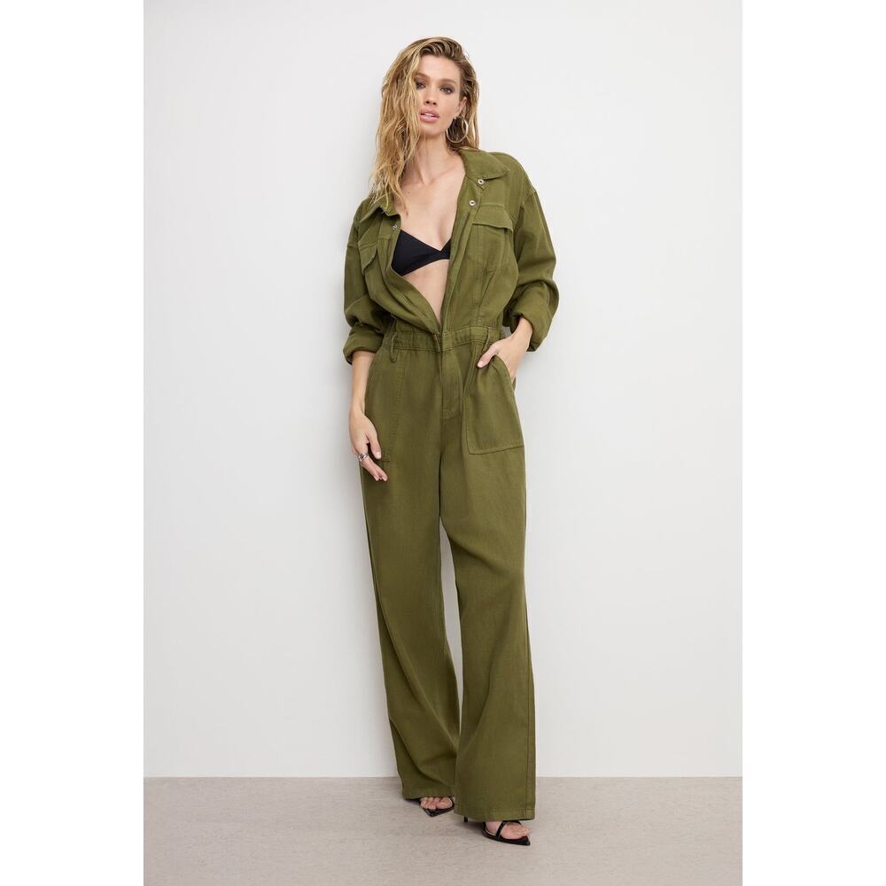 Good American Lite Linen Oversized Jumpsuit Tencel Cotton Green pockets Sz Small